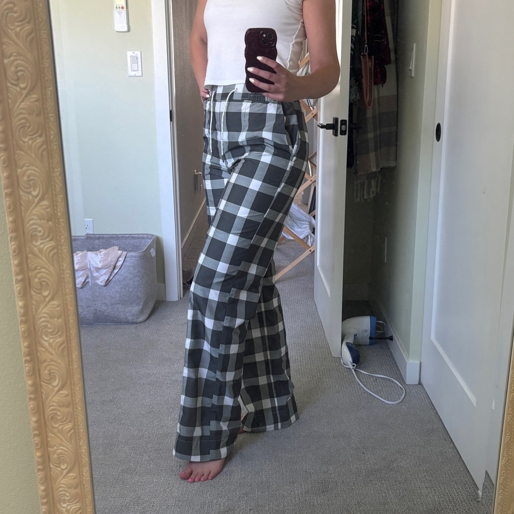 Green and White Plaid Track Pants
